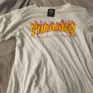 white flaming thrasher shirt